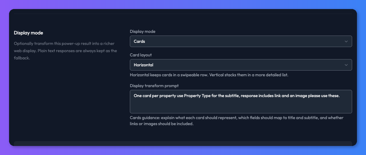 Display section on the Use API power-up settings page