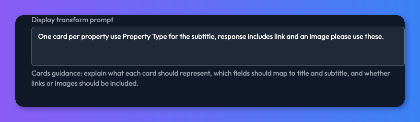 Transform prompt field filled in for a cards display