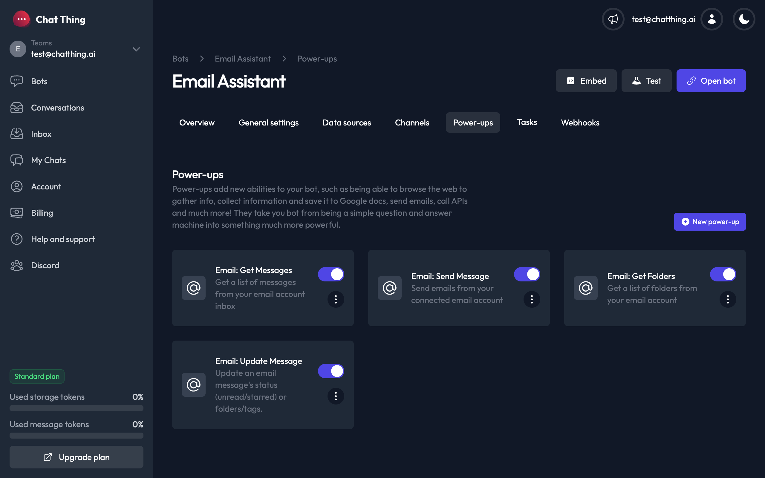 Email power-ups on the bot Power-ups tab