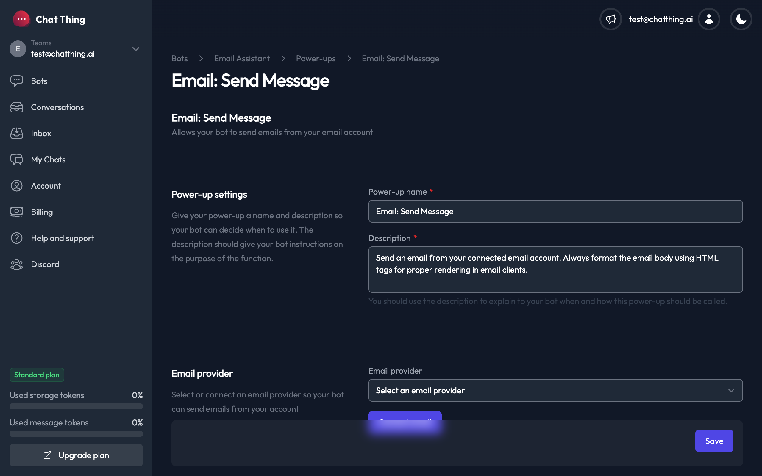 Email: Send Message settings page with HTML formatting instruction