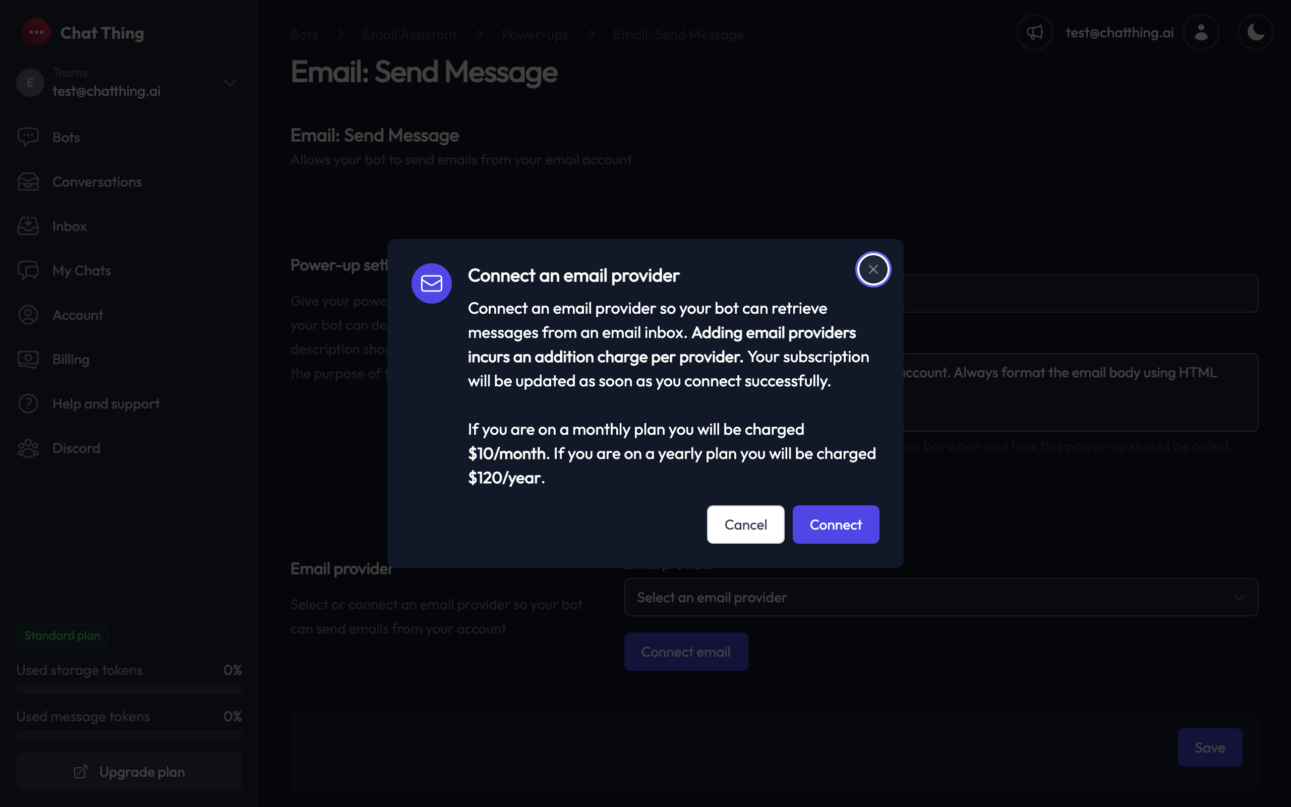 Connect an email provider confirmation dialog showing pricing