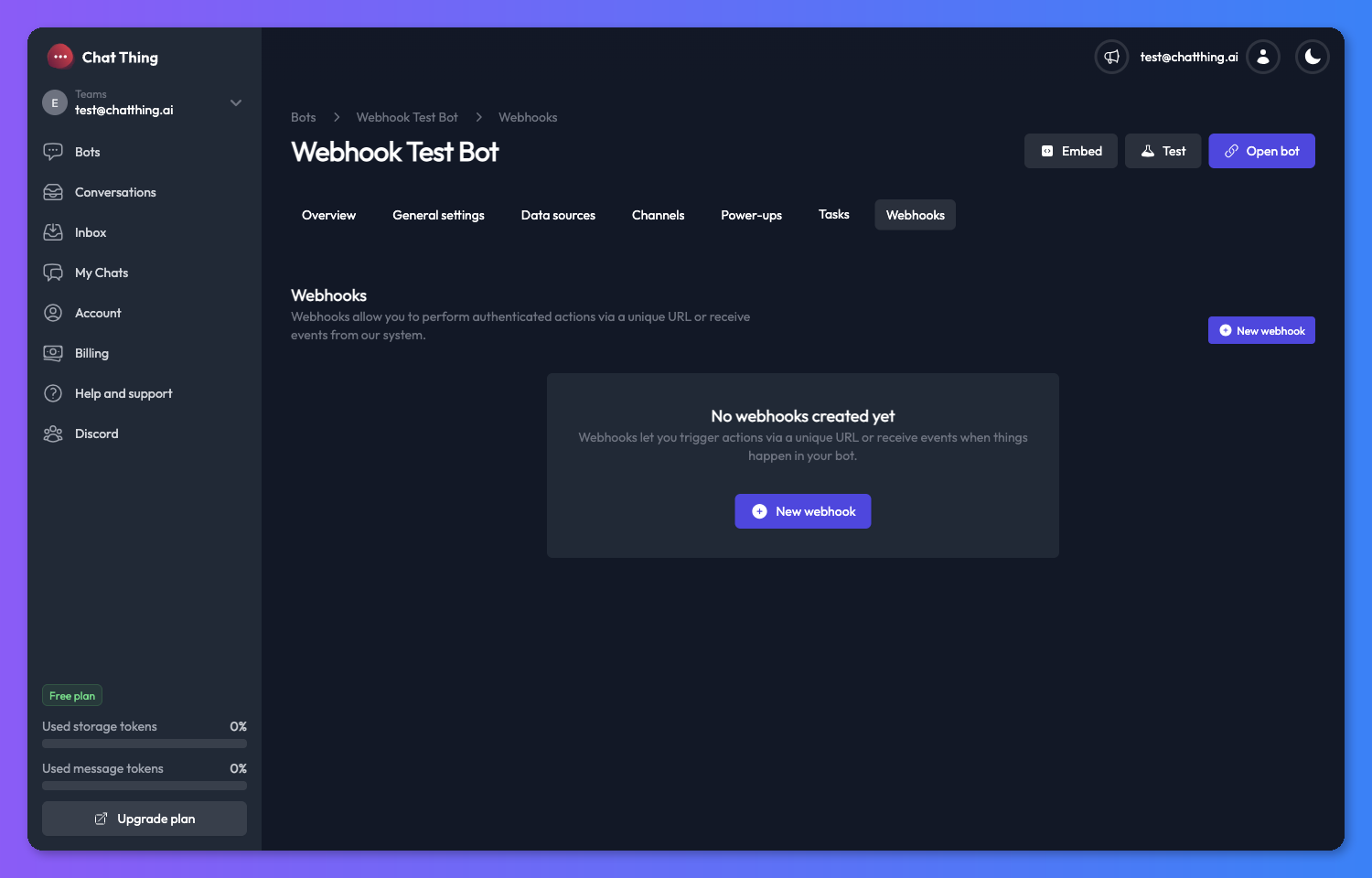 Empty Webhooks tab with No webhooks created yet message and New webhook button