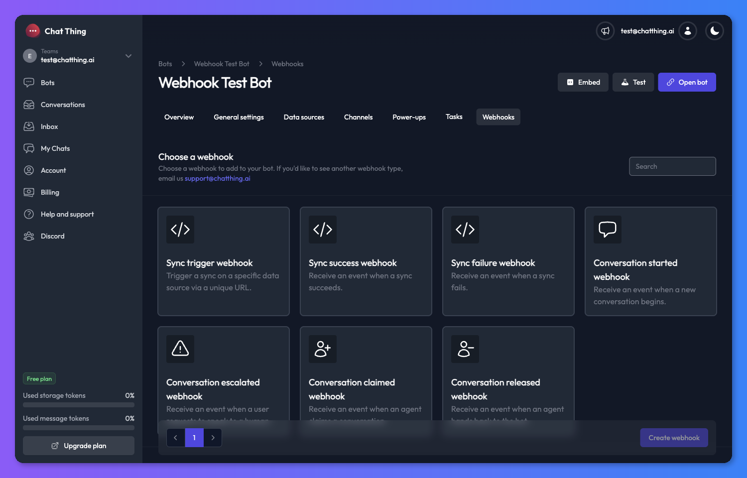 Webhook catalog page showing all webhook types as radio cards
