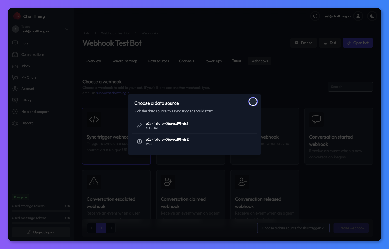Webhook catalog with Sync trigger card selected showing the Data source picker below