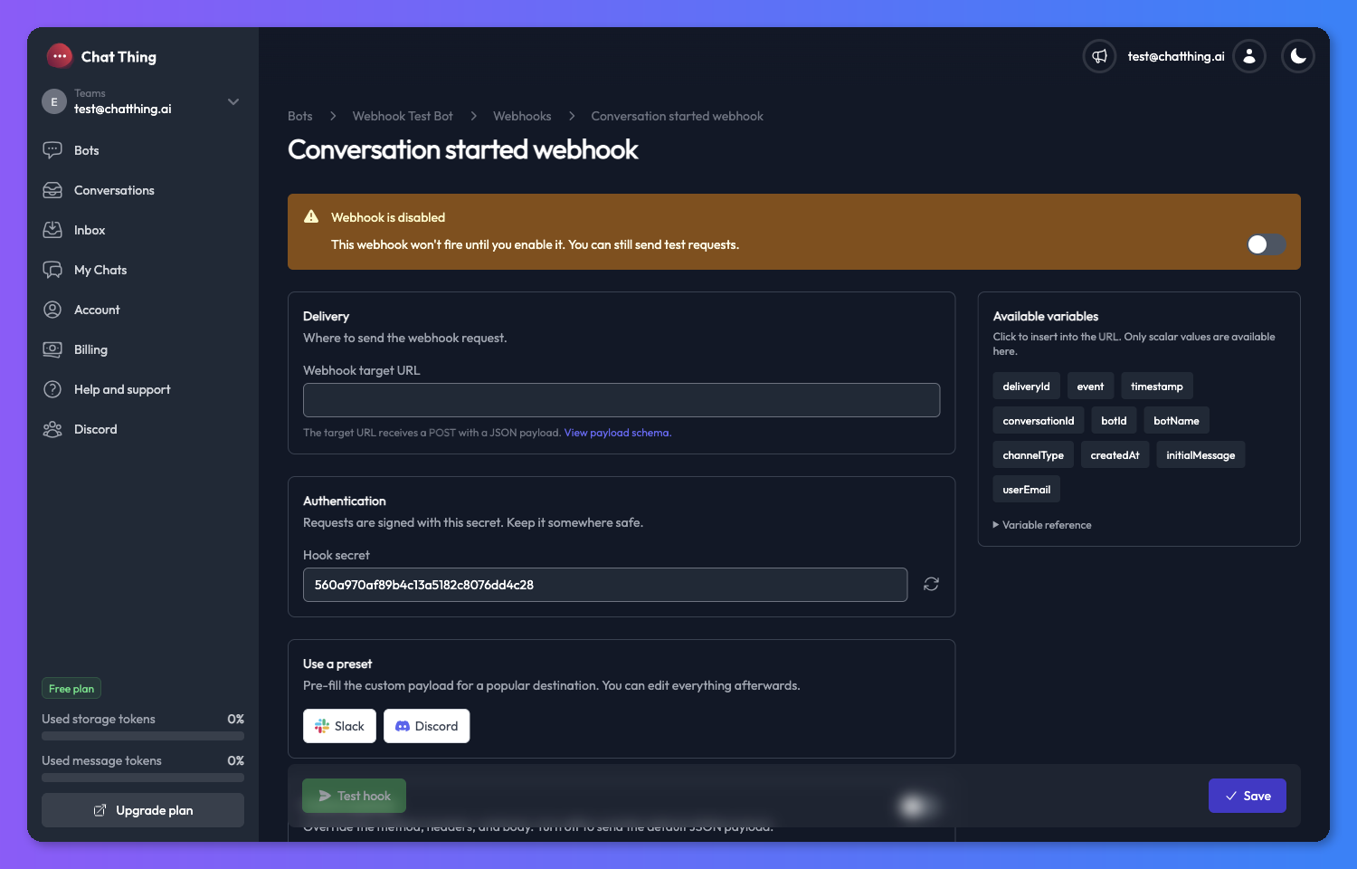 Outgoing webhook settings page for Conversation started immediately after creation with enable toggle off and pre-filled secret