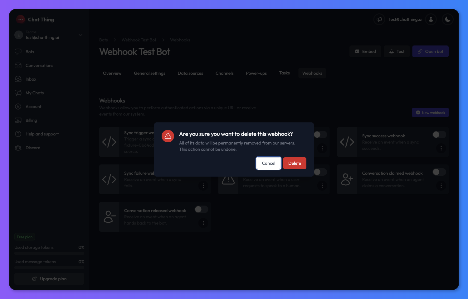 Delete webhook confirmation modal