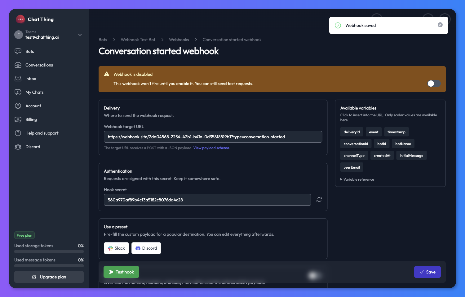 Outgoing webhook settings with target URL filled in showing Authentication section and Save button