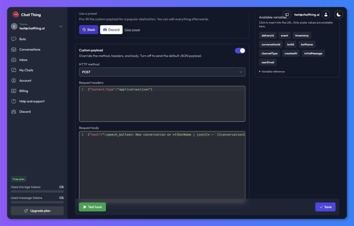 Custom payload section expanded with headers and body editors and the Variables sidebar on the right