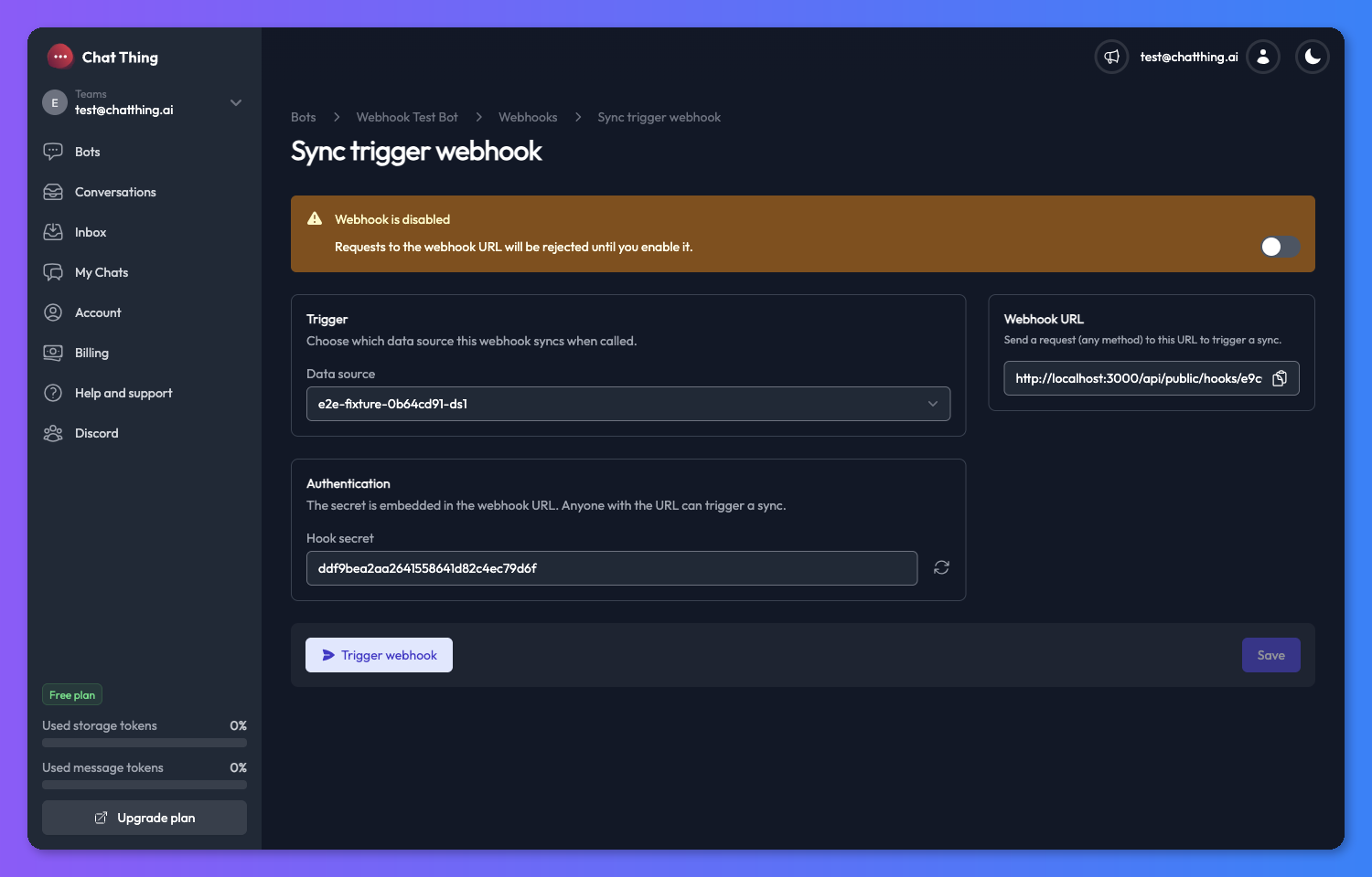 Sync trigger webhook settings page showing the Trigger section and the Webhook URL sidebar panel