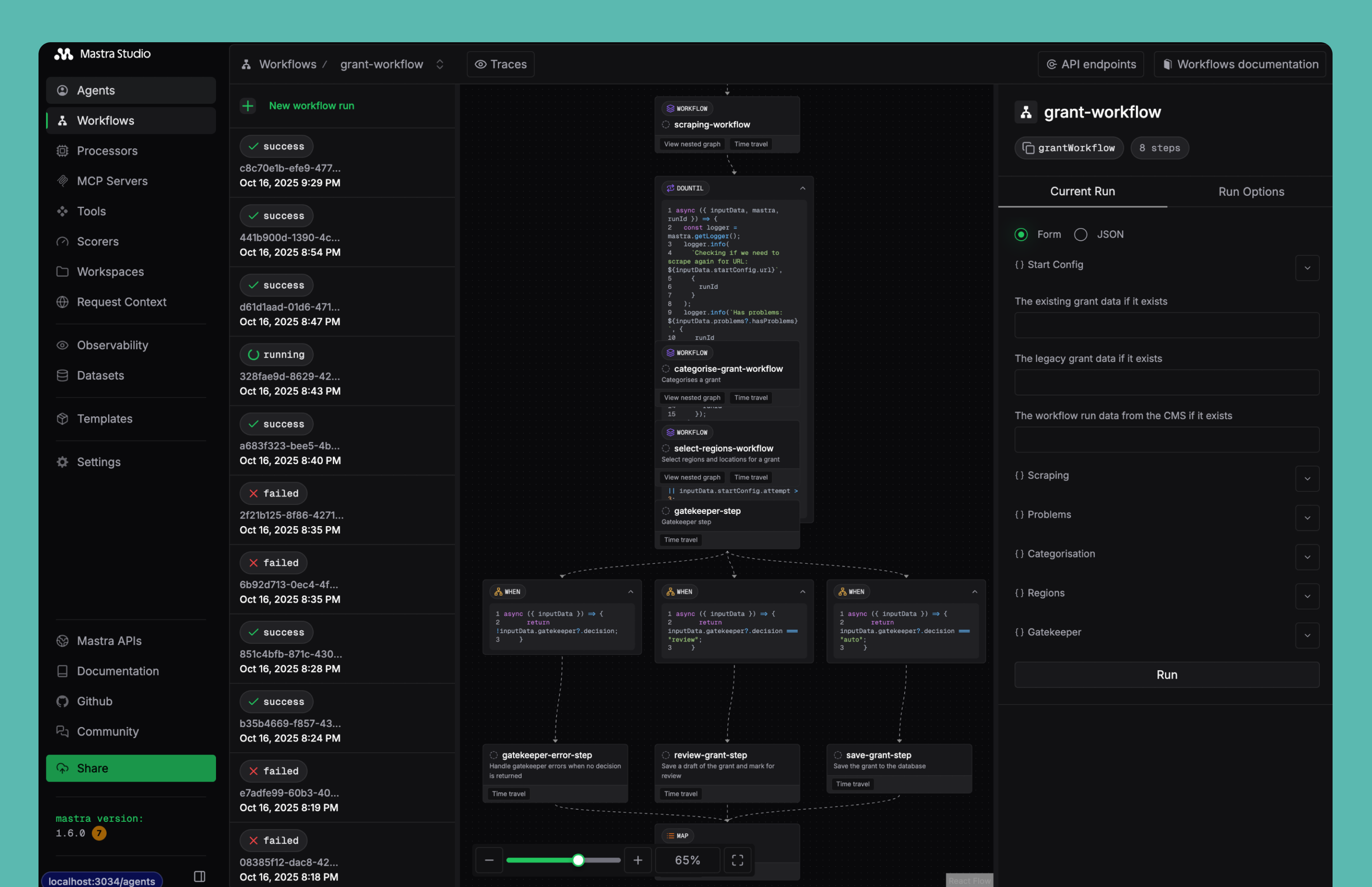 The Mastra Studio workflow editor, showing the eight-step grant workflow with scraping, categorisation, region selection, and gatekeeper branches all visualised as a node graph.