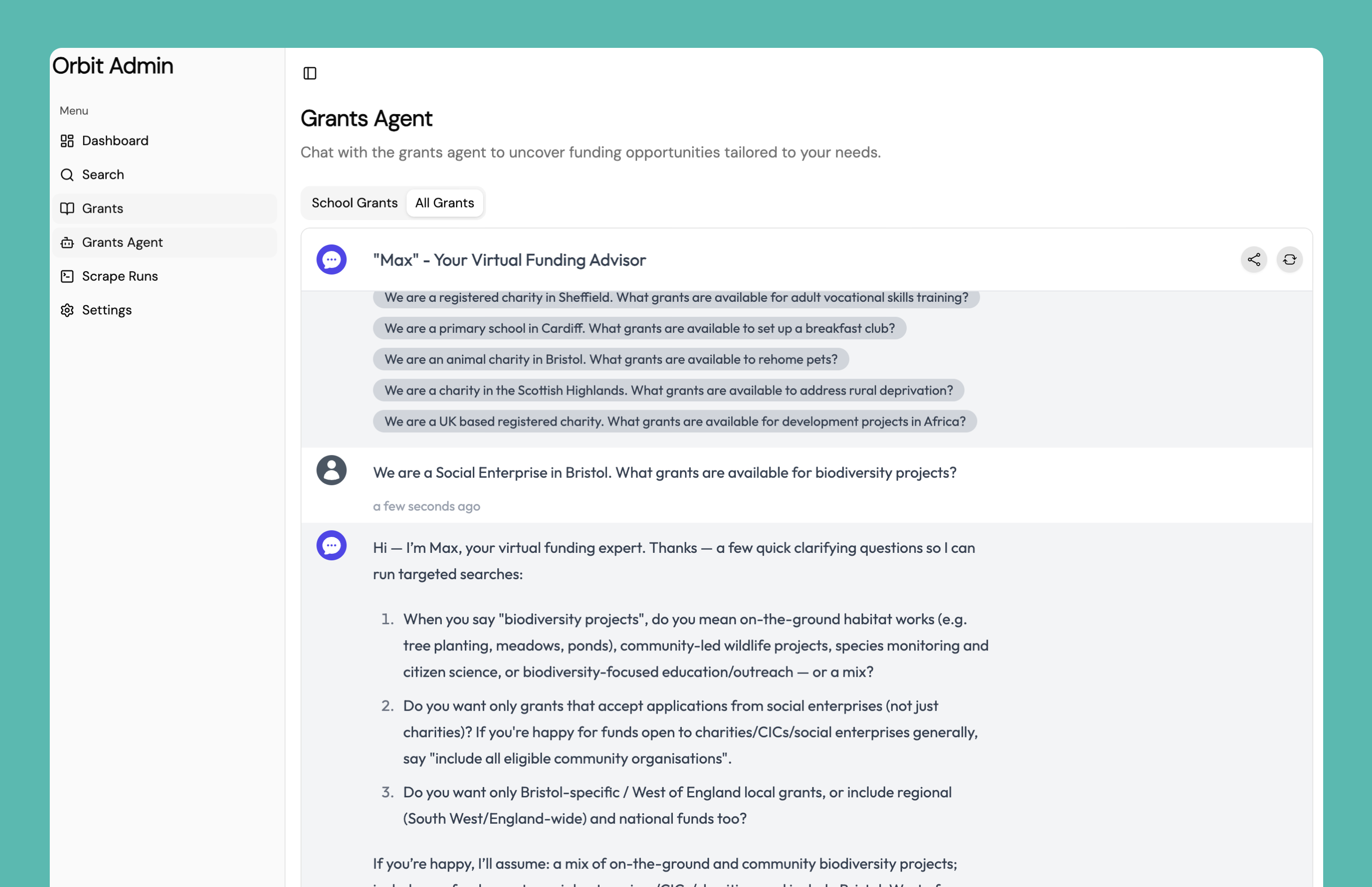 The Max chatbot embedded on grantsonline.org.uk, asking a user clarifying questions about their biodiversity project before searching for grants.