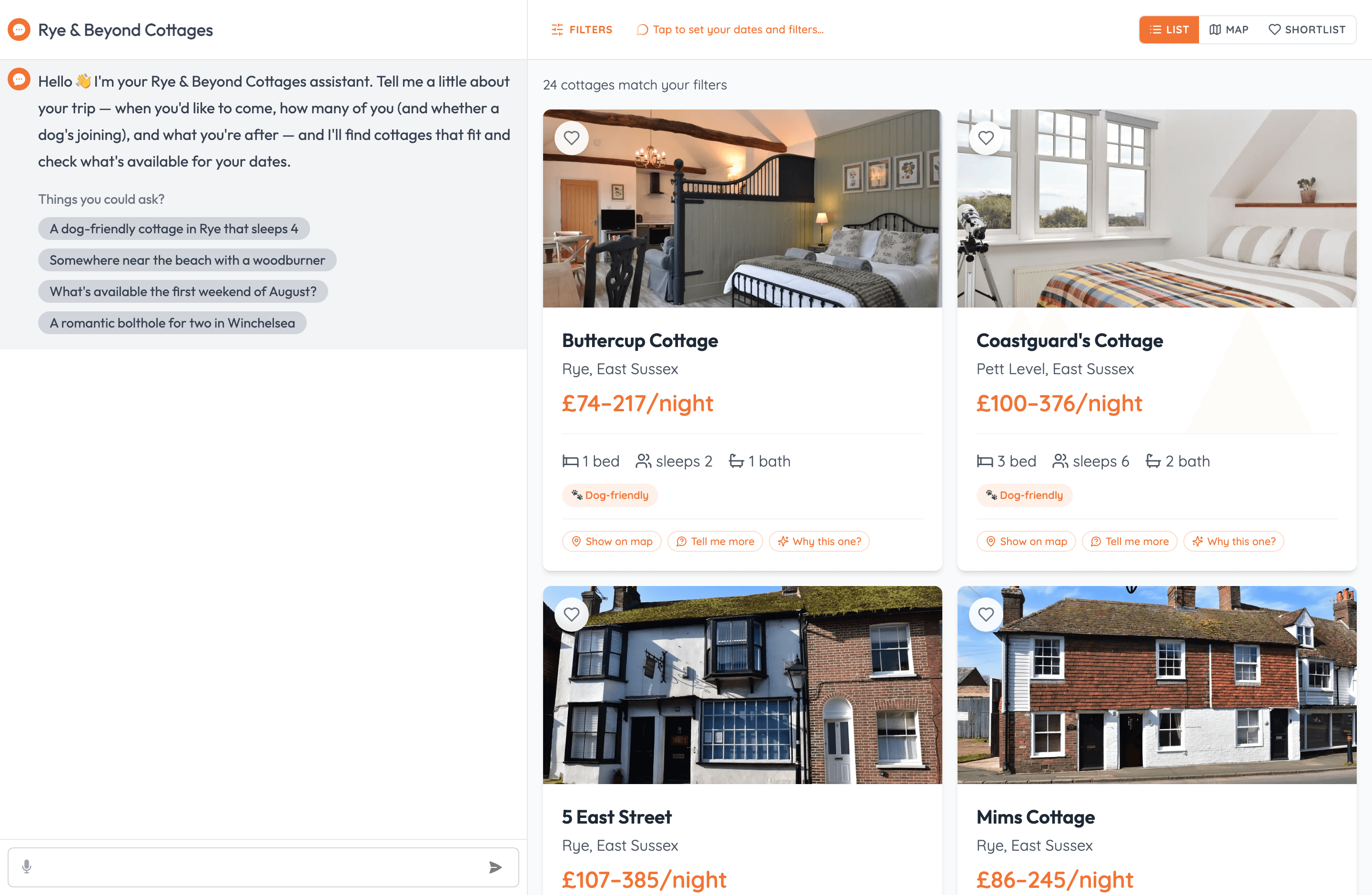 The Rye & Beyond widget on load: an AI concierge on the left, the full cottage catalogue on the right.
