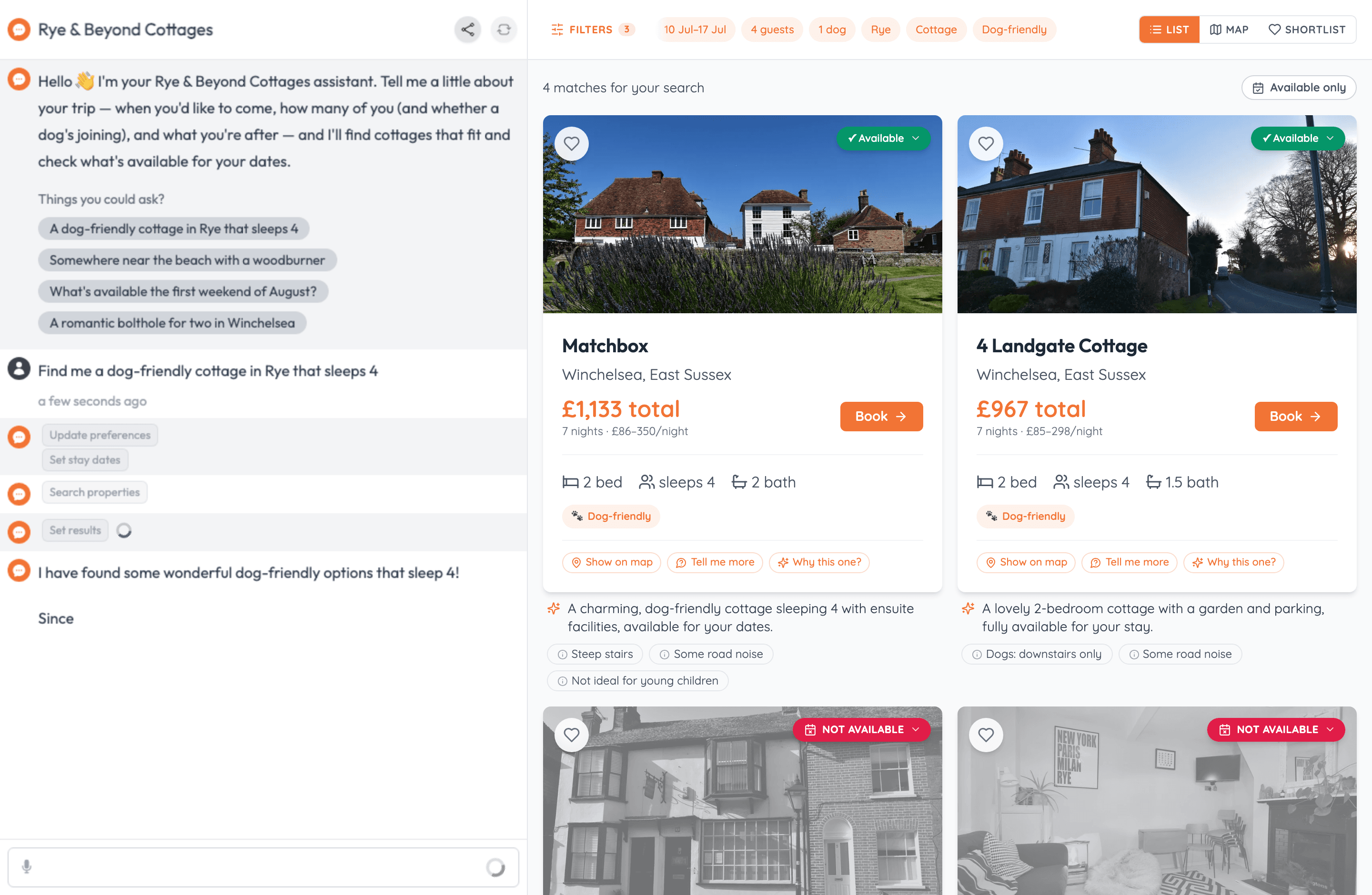 The assistant turning a plain-English request into filters, a live availability check and a set of results.