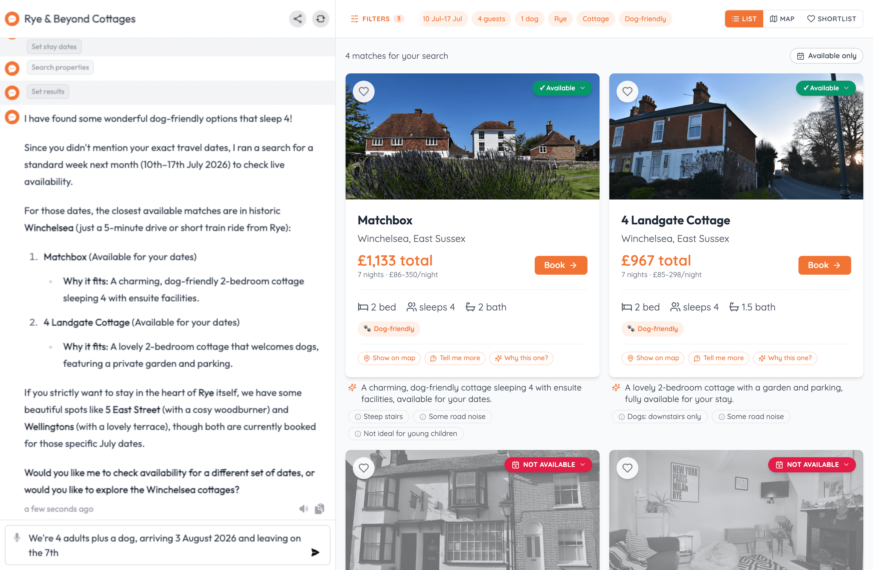 Cottages tagged against real dates: available ones priced, booked ones greyed but still visible.