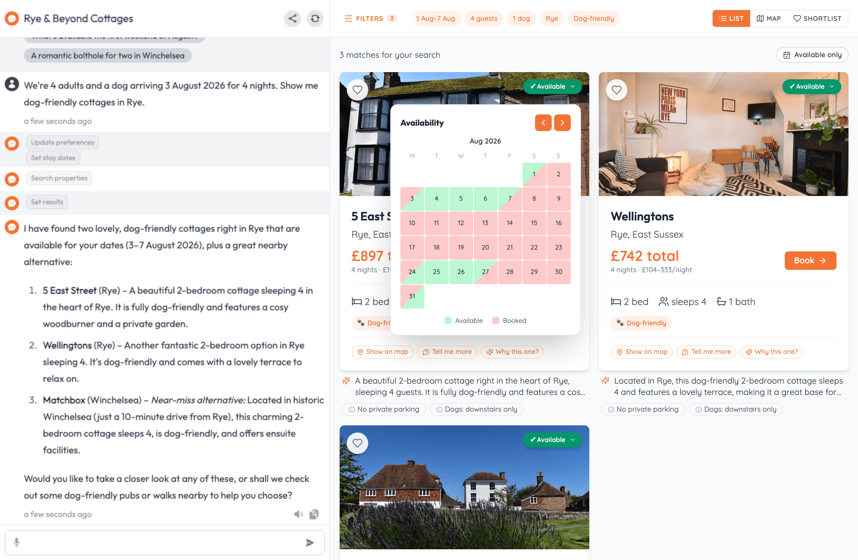 A per-property availability calendar, booked days red, free days green.
