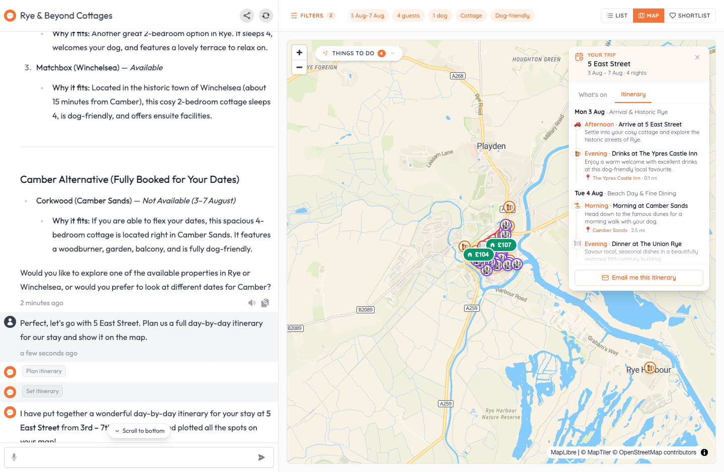 A day-by-day itinerary plotted on the map, with the timeline alongside.