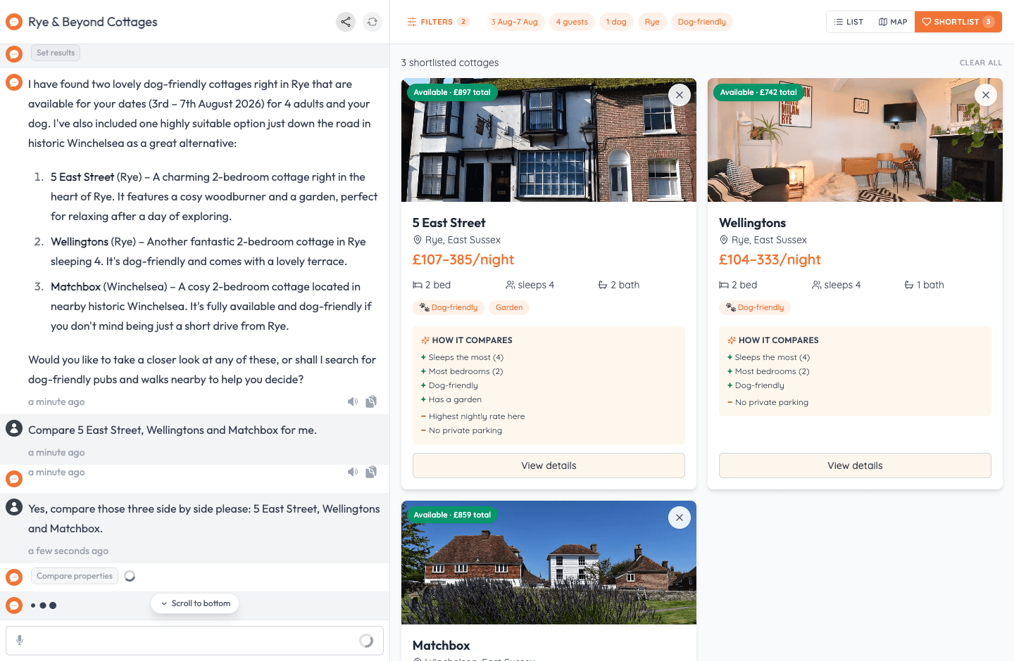 Three cottages compared side by side, each with a "how it compares" list.