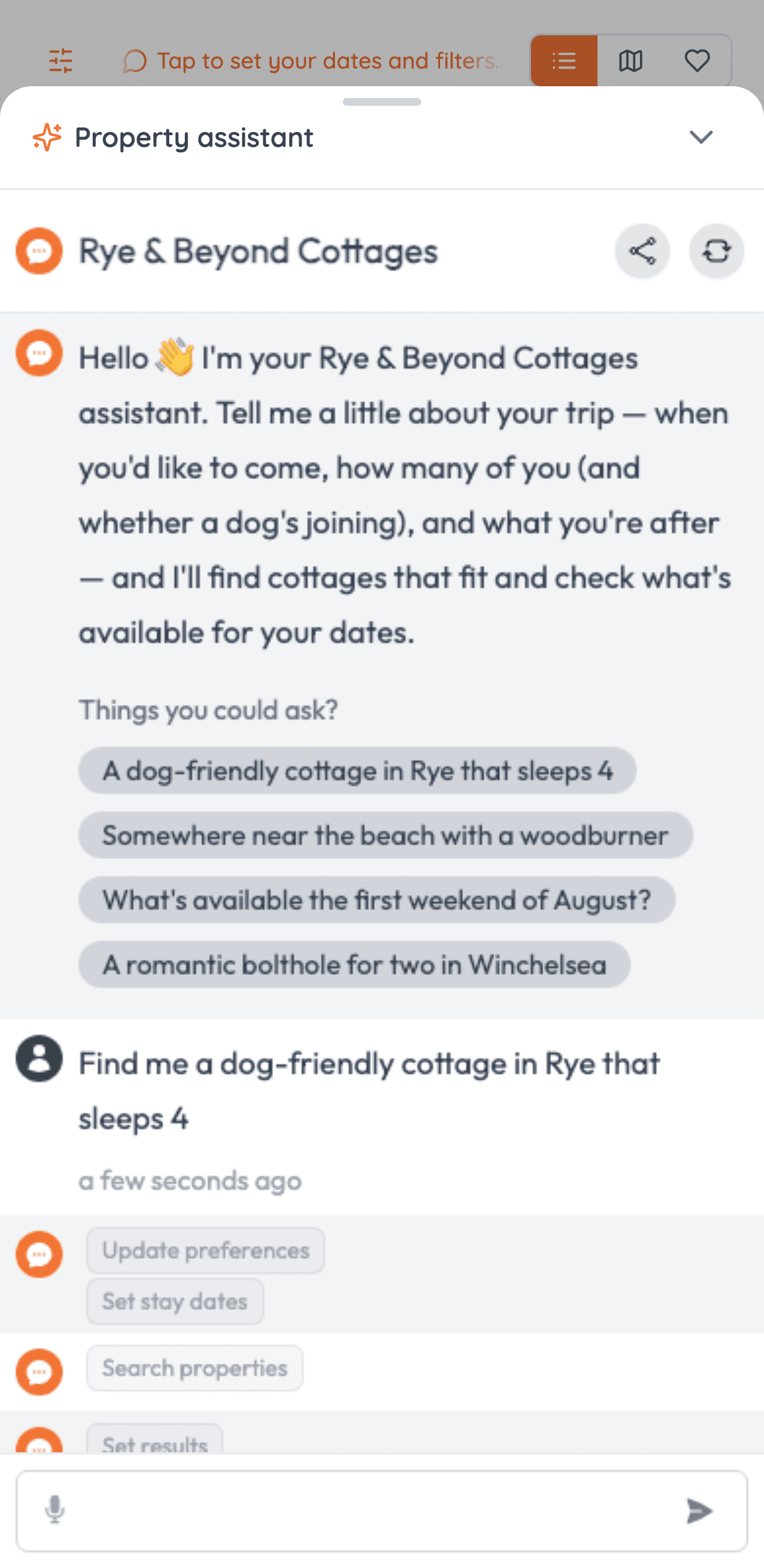 On mobile the chat is a slide-up sheet over a results-first screen.
