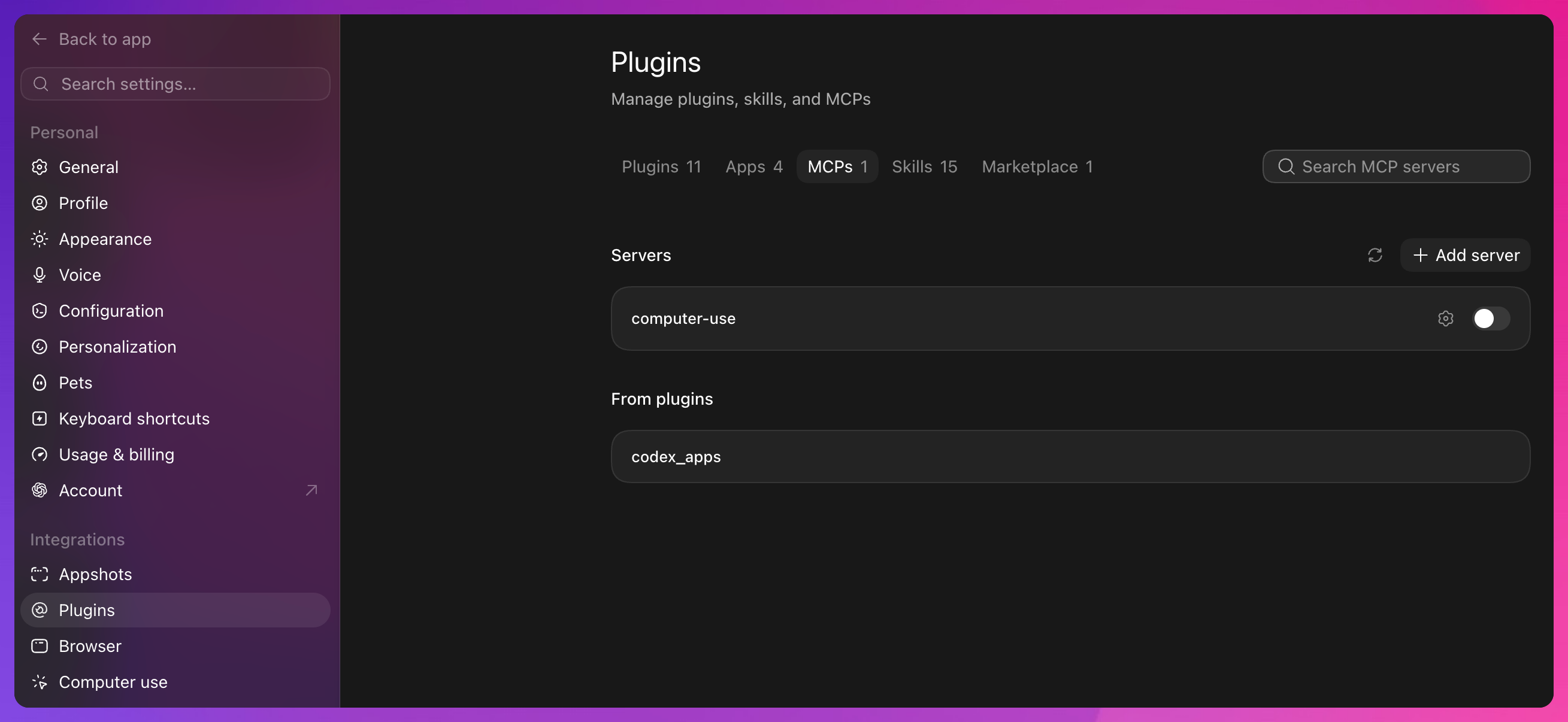 Codex Plugins settings on the MCPs tab with the Add server button