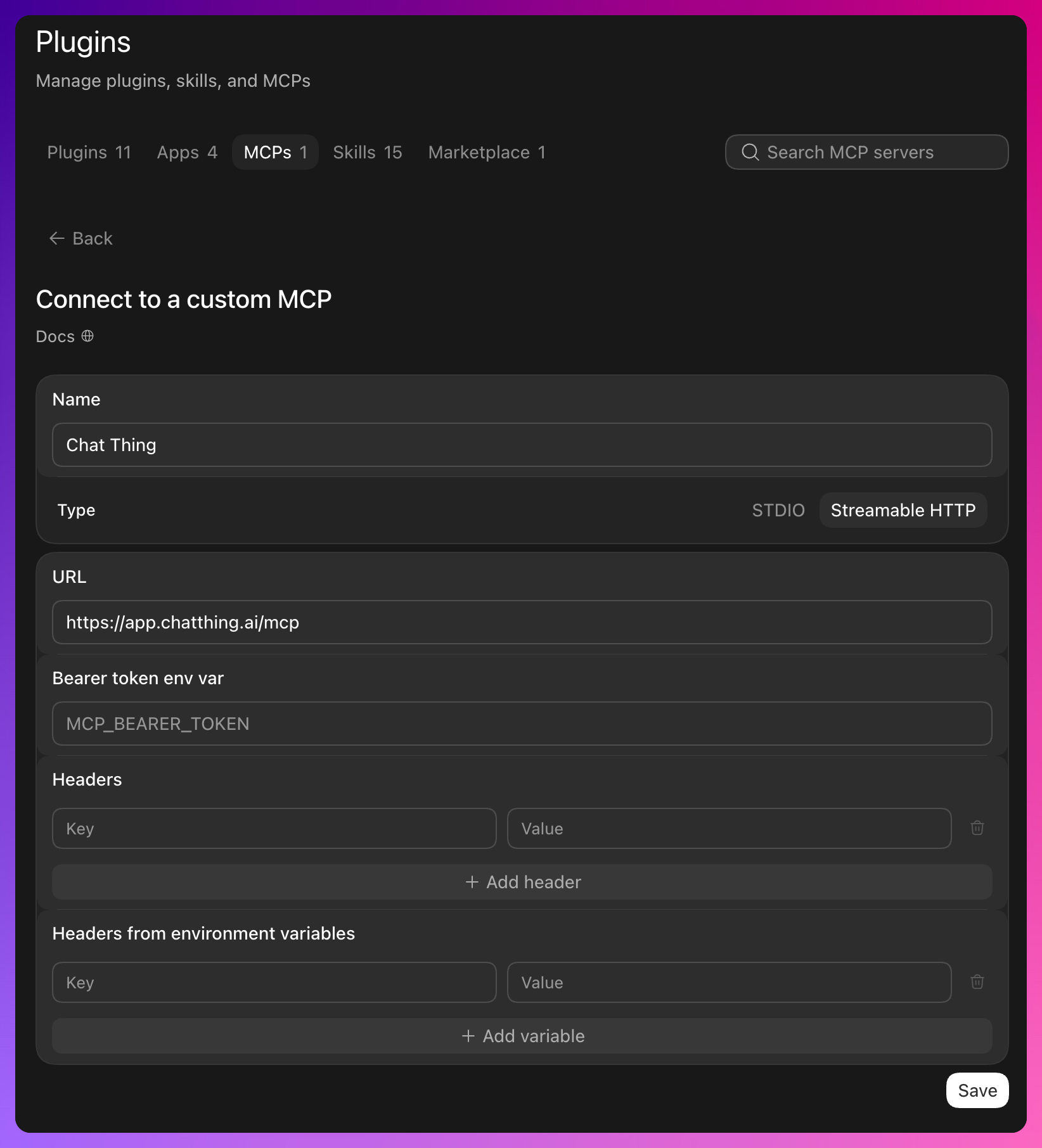 Codex Connect to a custom MCP form set to Streamable HTTP with the Chat Thing MCP URL