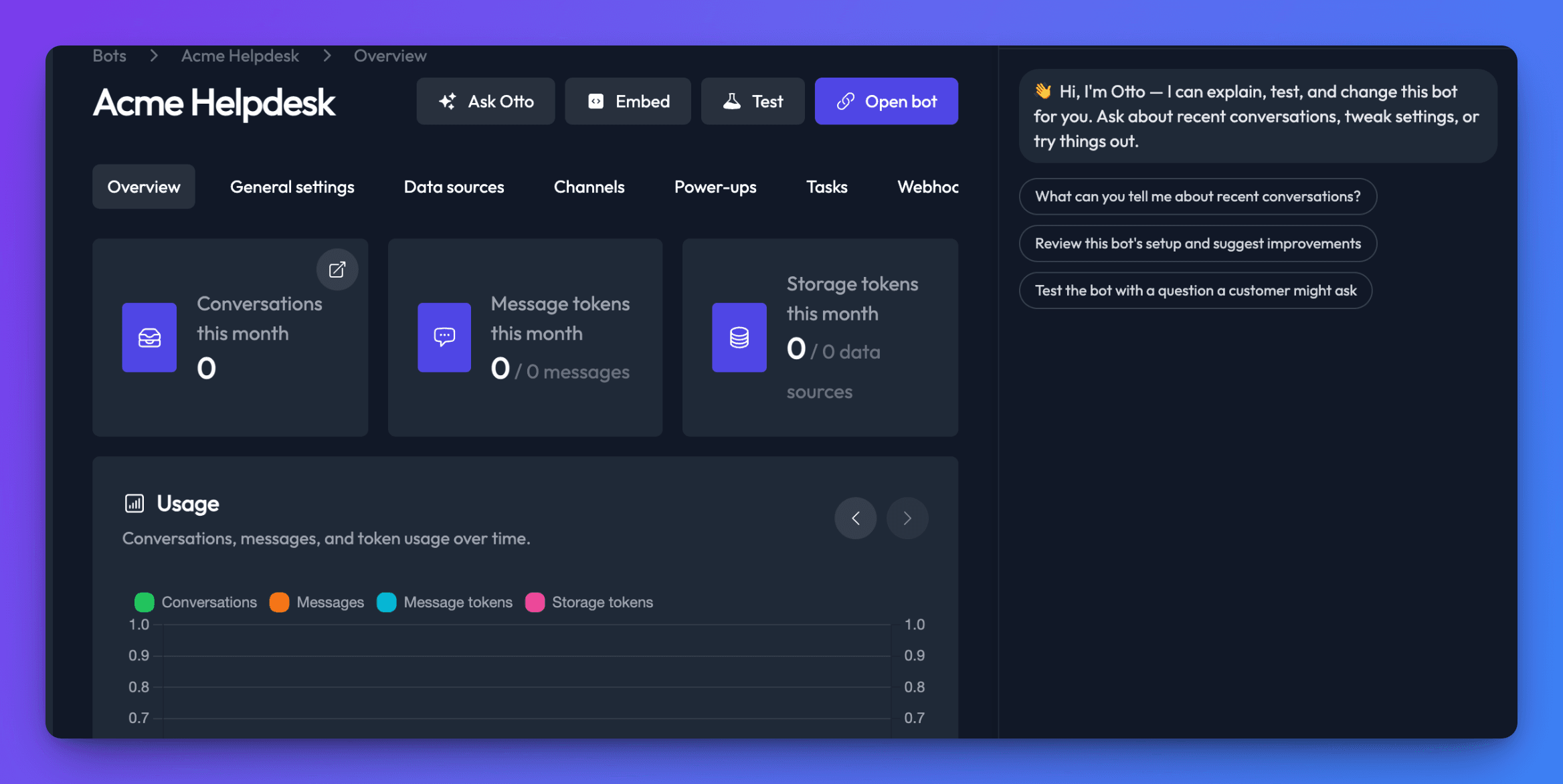 Otto's panel open beside the bot dashboard, showing a greeting and three suggested questions