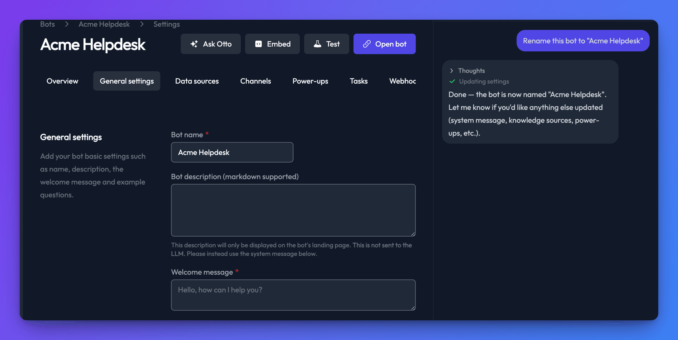After asking Otto to rename the bot, the page header, breadcrumb and the Bot name field all show the new name