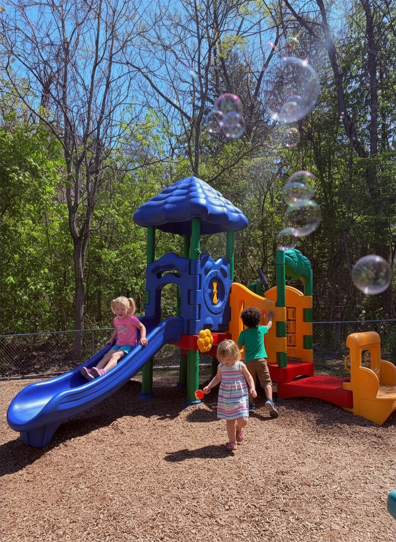 Smiling child on playground slide at Country Garden