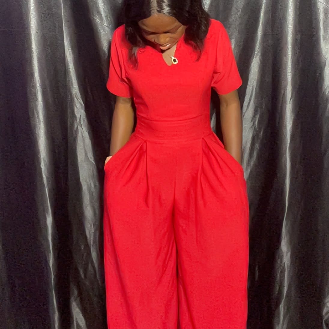 Scarlet Statement Jumpsuit Bold, stylish, and confidently feminine — this jumpsuit is made for women who love standing out effortlessly. With its flattering fit and striking design, it’s perfect for birthdays, brunches, outings, and special occasions.  ✔️ Custom sizing available ✔️ Comfortable premium fabric ✔️ Chic and flattering silhouette ✔️ Delivery: 5–7 working days