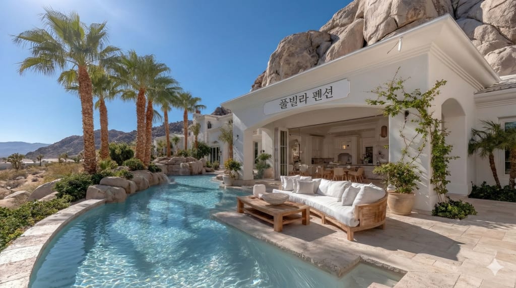 미드저니로 생성한 모던한 수영장이 있는 풀빌라에 한글로 '풀빌라 펜션'이라고 글씨가 써져있는 사진