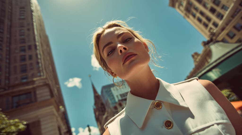 흰색 원피스를 입은 금발 여성의 대각선 샷을 미드저니로 생성