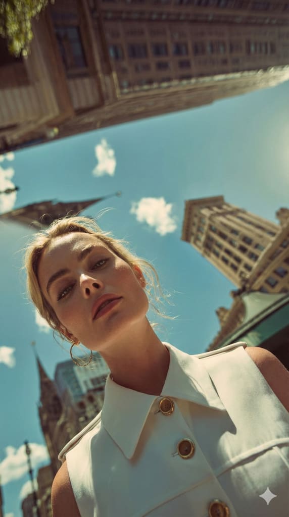 흰색 원피스를 입은 금발 여성의 대각선 샷을 미드저니로 생성한 것을 나노바나나가 9:16으로 변경해준 사진