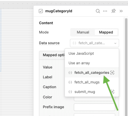 Select the category field data source