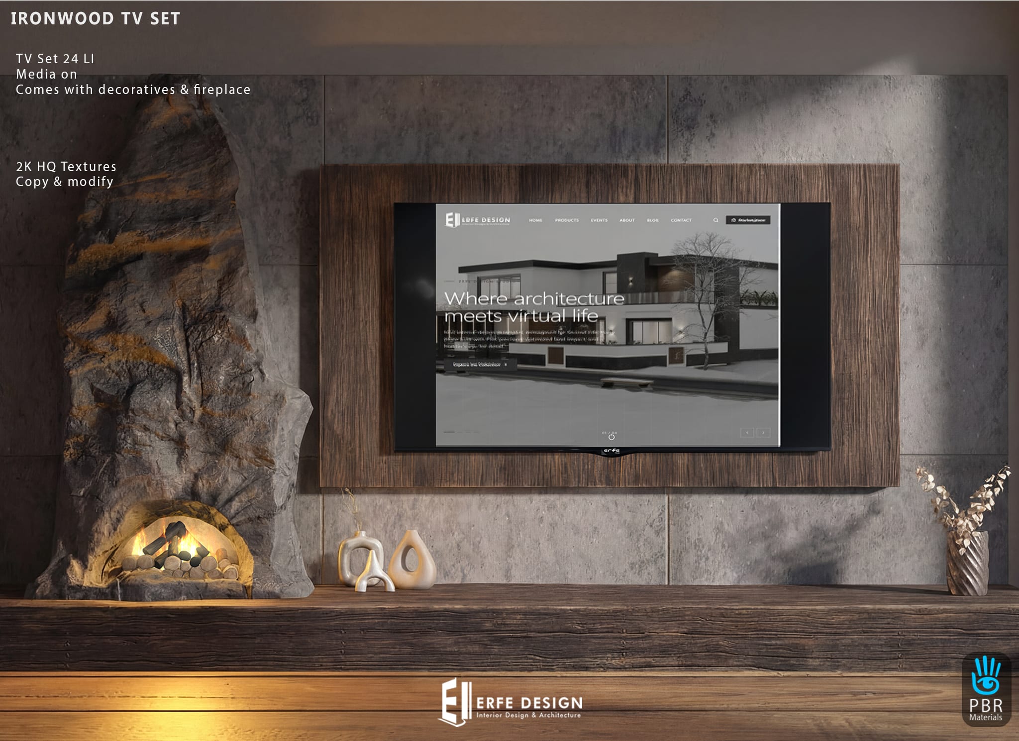 Ironwood TV Set - Fireplace 24 LI Media ON PACK