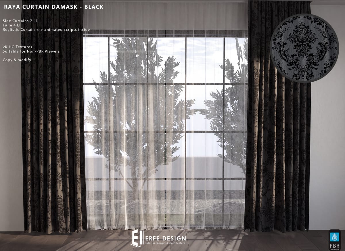 Raya side curtain 6 LI Black Damask