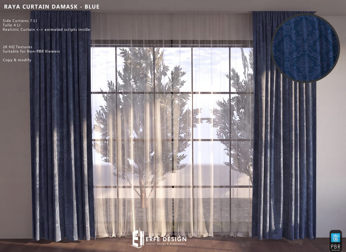 Raya side curtain 6 LI Blue Damask