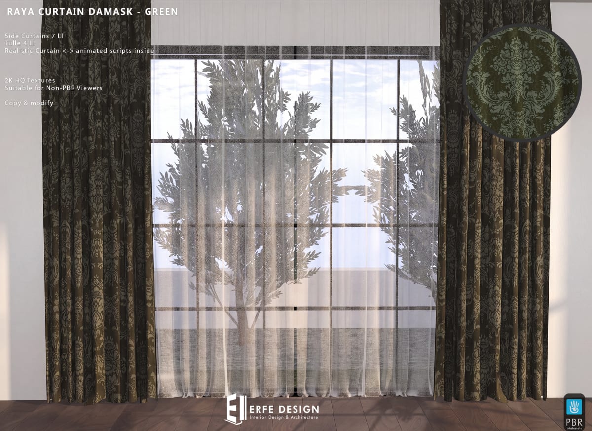 Raya side curtain 6 LI Green Damask