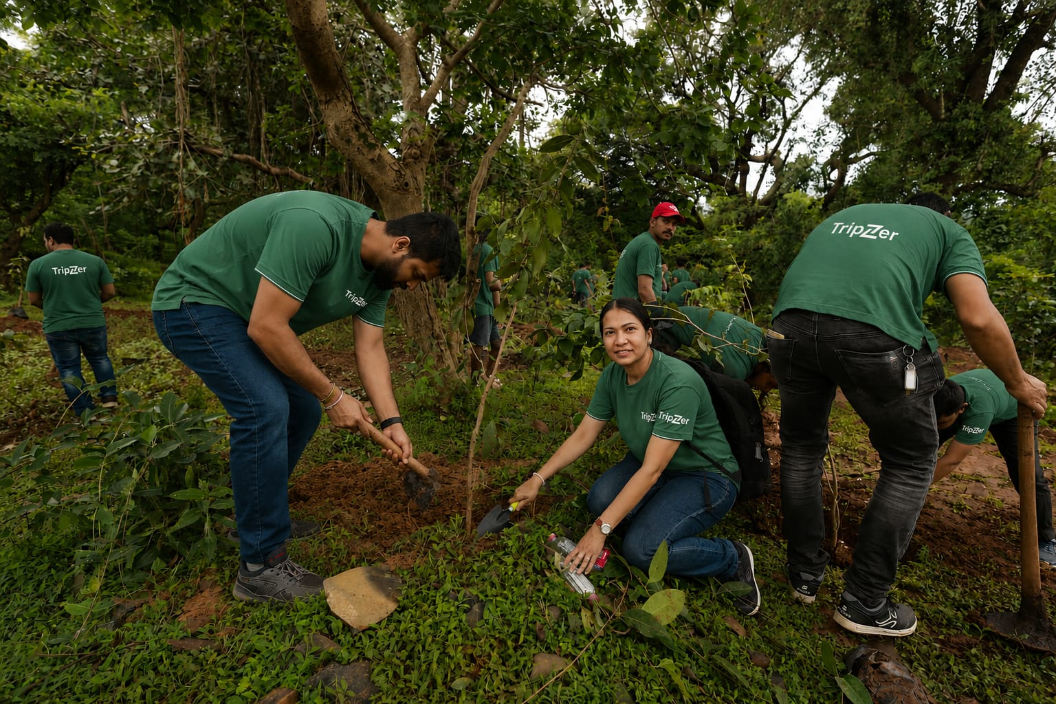 Tripzer team planting saplings during a plantation drive