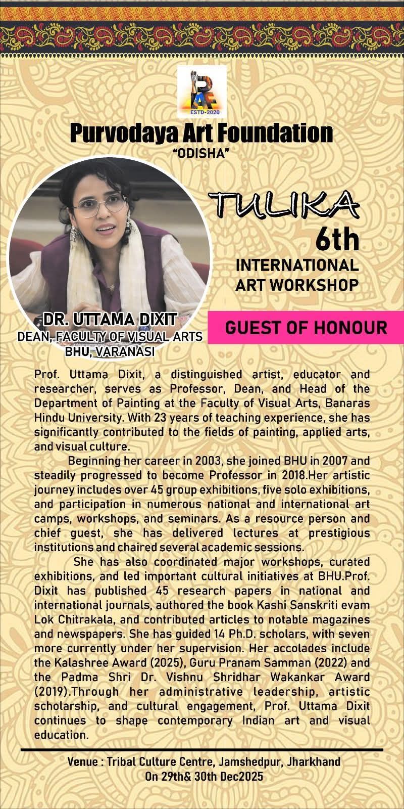 Dr. Uttama Dixit to Grace ‘TULIKA’ 6th International Art Workshop as Guest of Honour