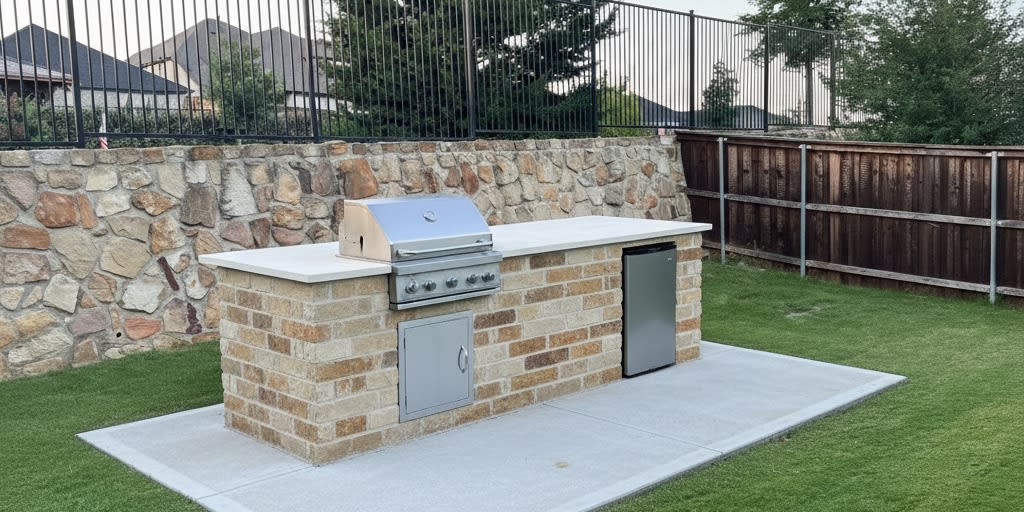 The same Dallas–Fort Worth backyard before and after an outdoor kitchen was built into it