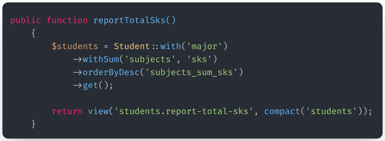 Method reportTotalSks() pada StudentController view 1