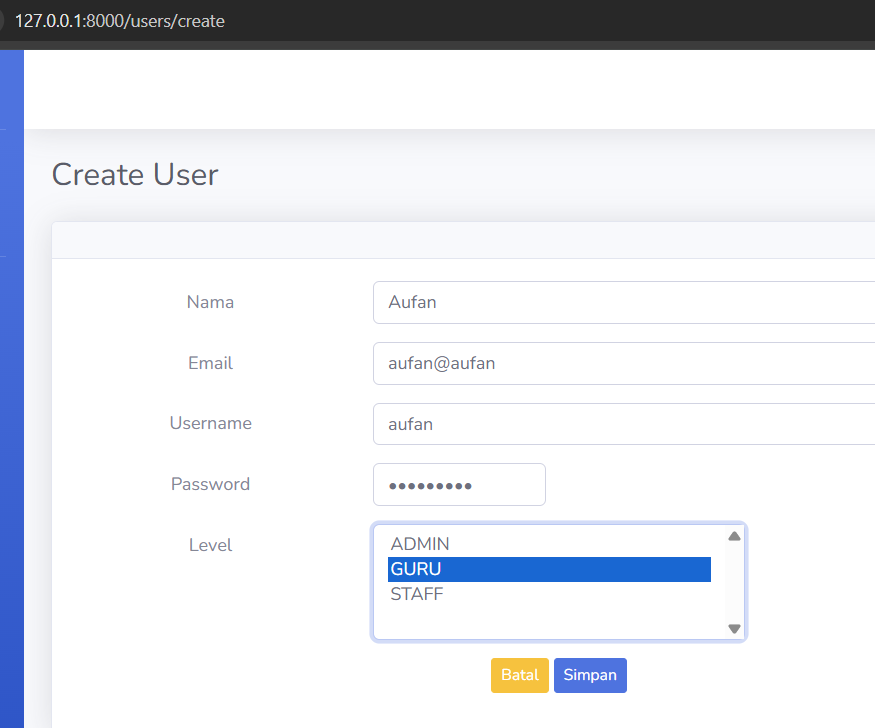 CREATE — Tambah User view 6