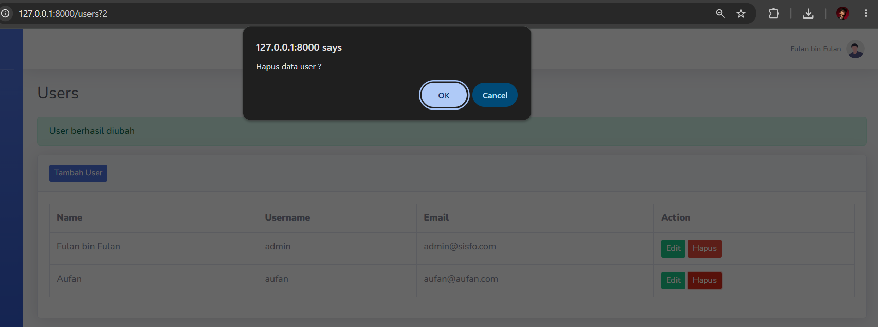 DELETE — Hapus User view 4