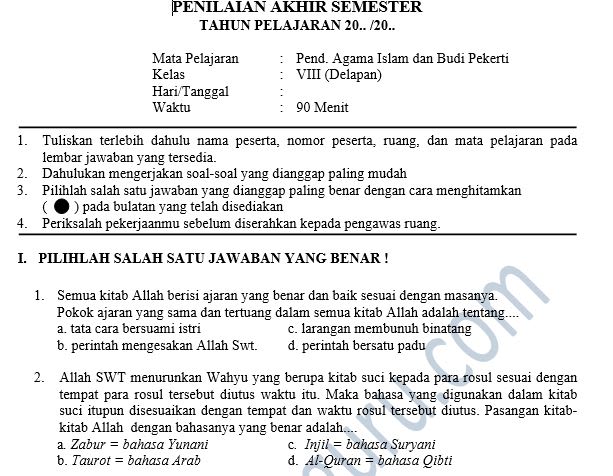Kisi-Kisi dan Soal PAS PAI SMP Semester 1 Kelas 7 8 9 Kurikulum 2013 2 Soal PAS PAI SMP Semester 1