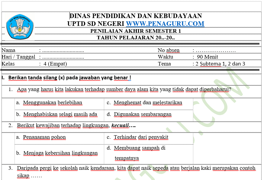Soal PAS Tematik Kelas 4 Semester 1 SD MI Kurikulum 2021 Soal PAS Tematik Kelas 4 Semester 1 SD MI Kurikulum 2021