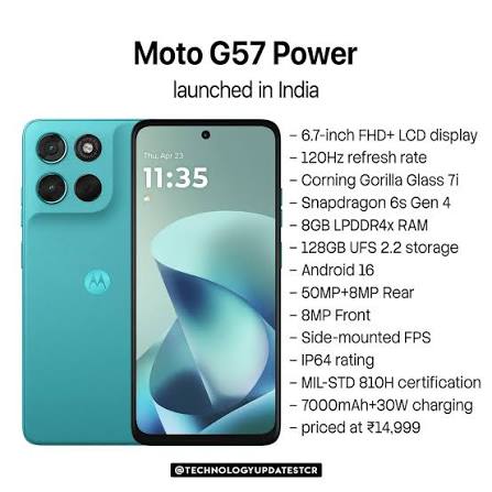 Motorola Moto G57 Power 5G — Snapdragon 6s Gen 4, 8 GB / 128 GB, 6.72" 120 Hz, 7000 mAh