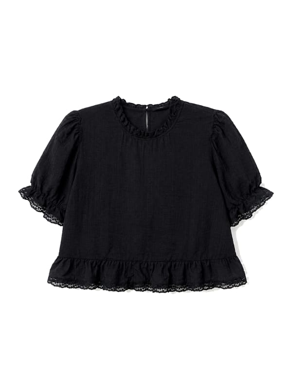 Black Ruffle Hem Puff Sleeve Top