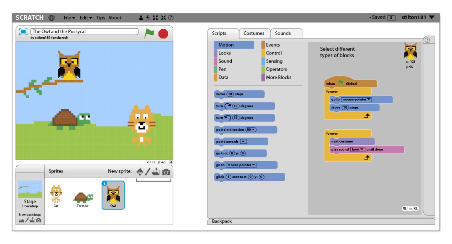 Identify four sensing blocks used in Scratch and describe what they do.