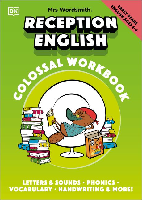 Paperback cover of Mrs Wordsmith Reception English Colossal Workbook, Ages 4-5 (Early Years)