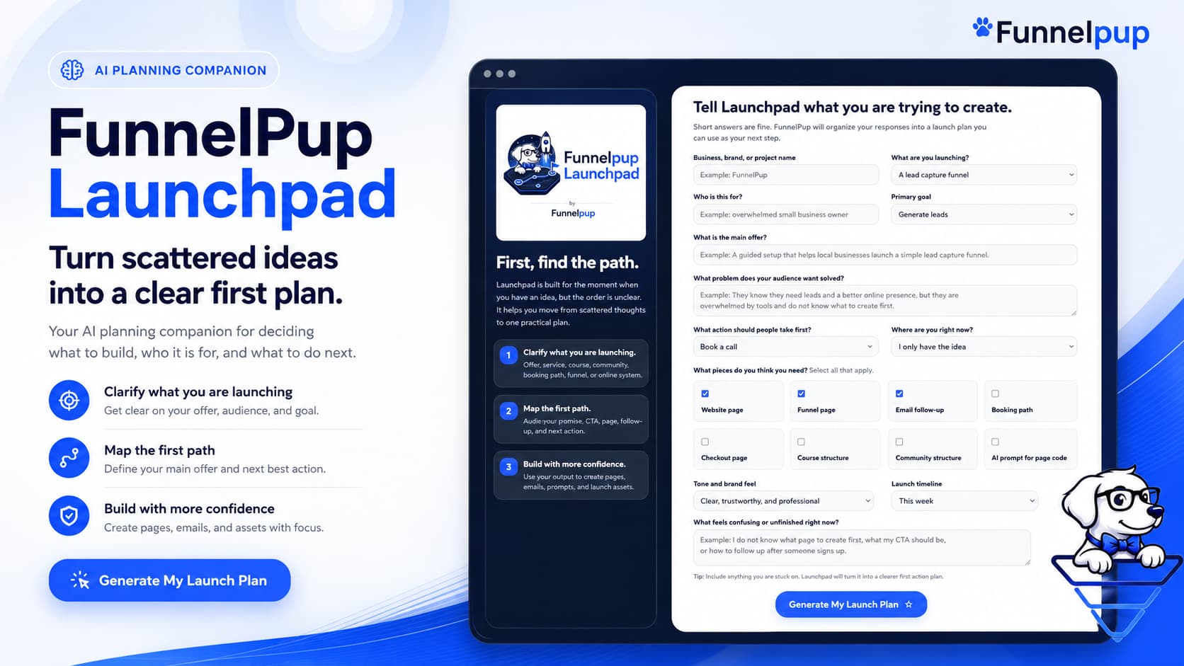 FunnelPup Launchpad ad showing AI planning companion concept