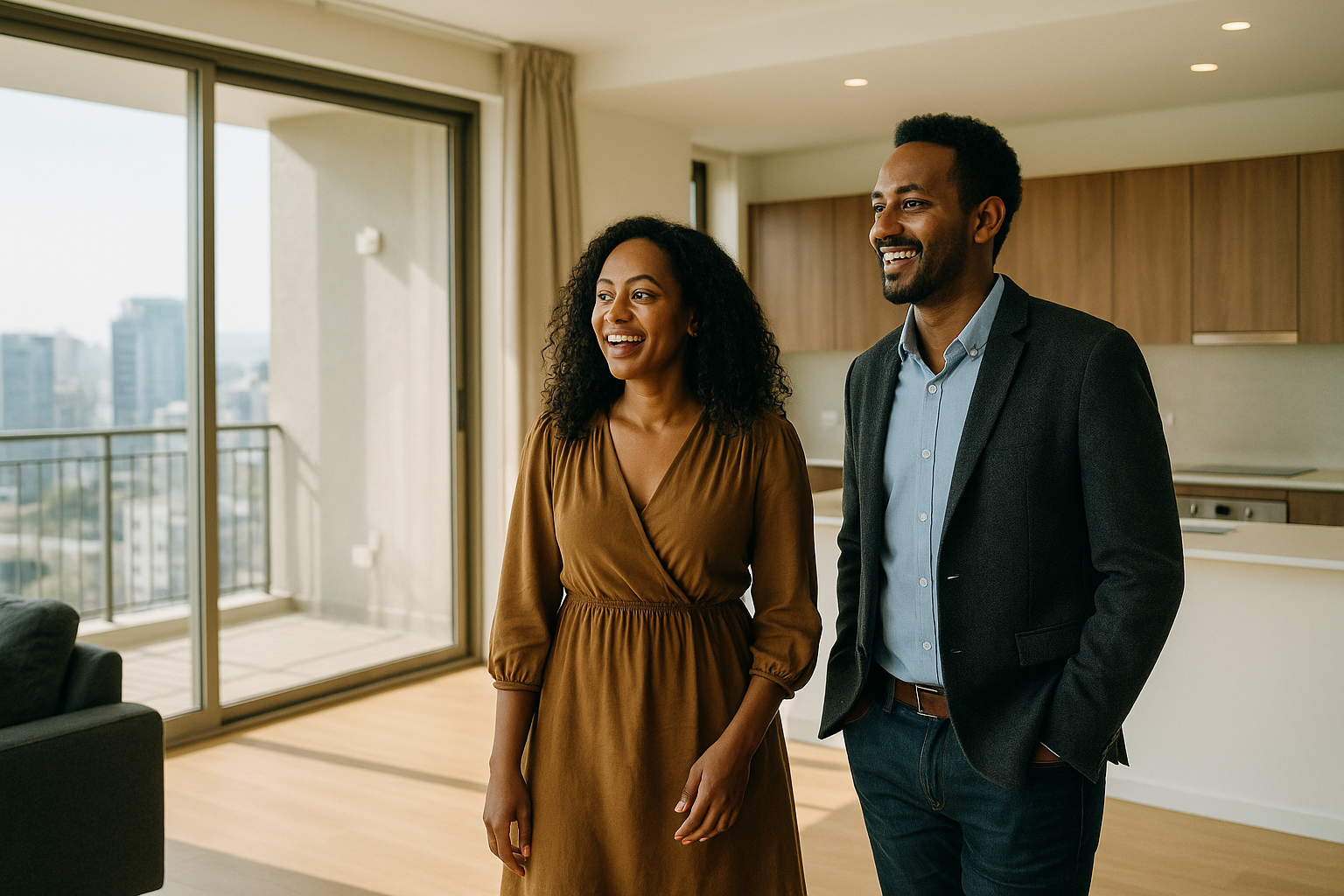 Ethiopian couple viewing a modern apartment unit